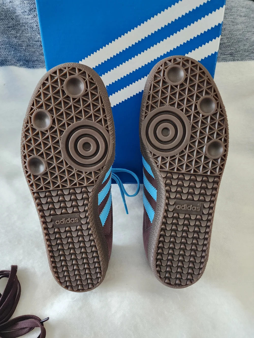 adidas Brown Suede Sneakers with Bright Blue Stripes and Laces - Picture 7 of 11